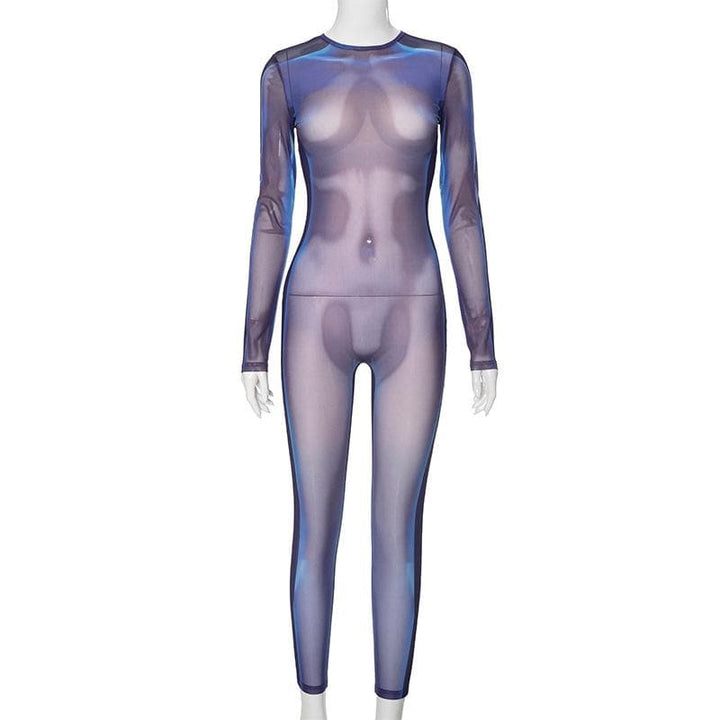 Long sleeve crewneck body print zip-up sheer mesh jumpsuit  | Festival Outfits Women