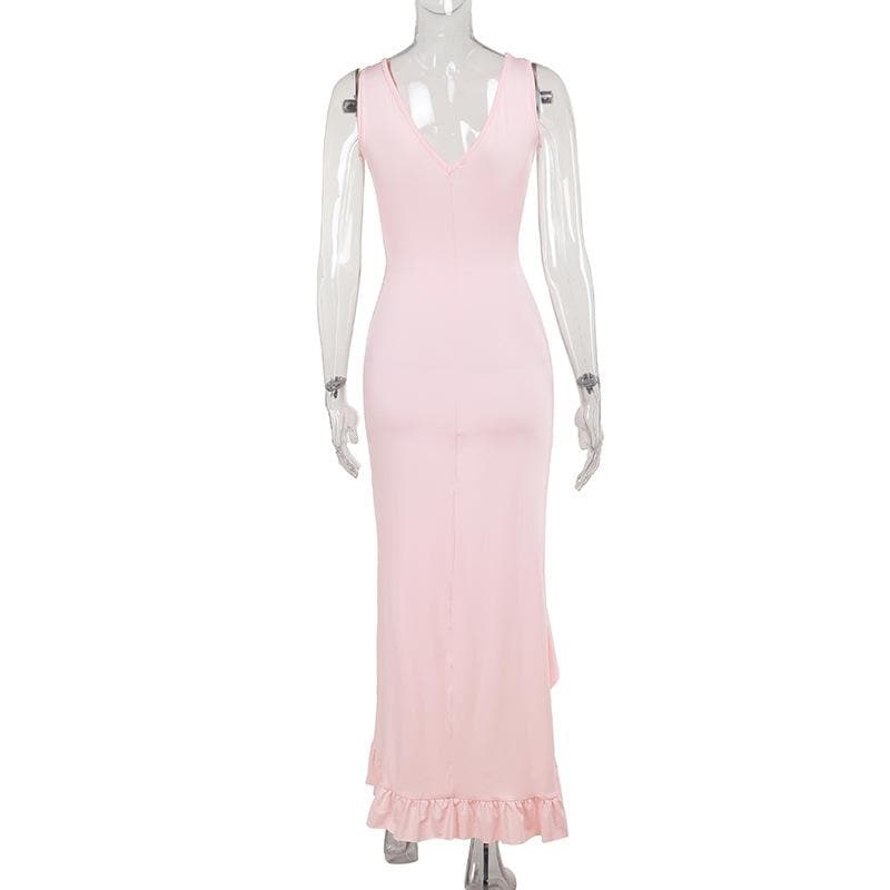 Deep v neck ruffle slit ruched cami maxi dress  | Festival Outfits Women