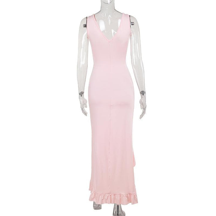 Deep v neck ruffle slit ruched cami maxi dress  | Festival Outfits Women