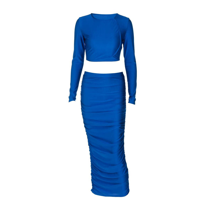 Long sleeve crewneck ruched crop maxi skirt set  | Festival Outfits Women