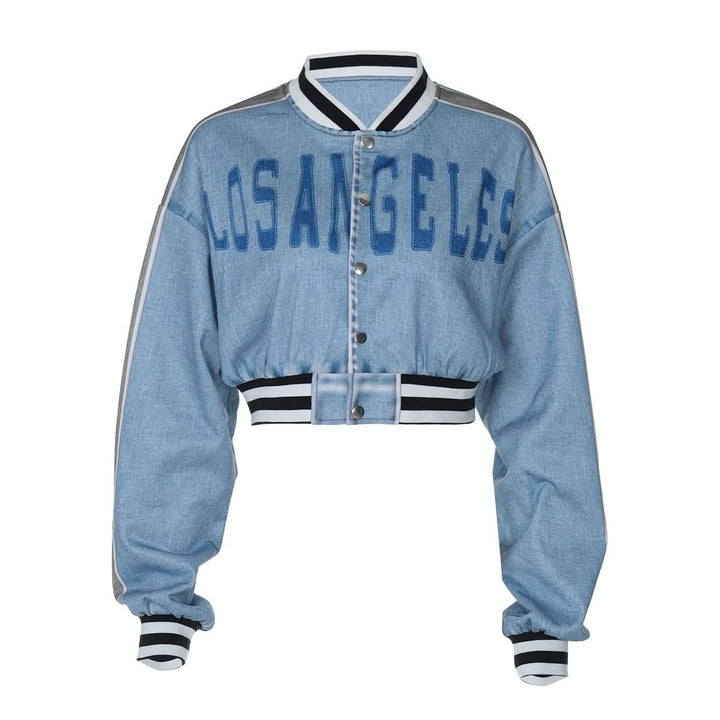 Long sleeve denim letter print patchwork button top  | Festival Outfits Women