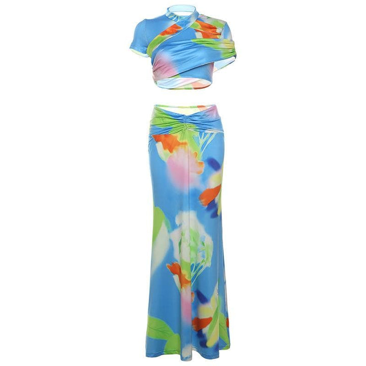 Short sleeve ruched contrast print maxi skirt set-final-sale  | Festival Outfits Women