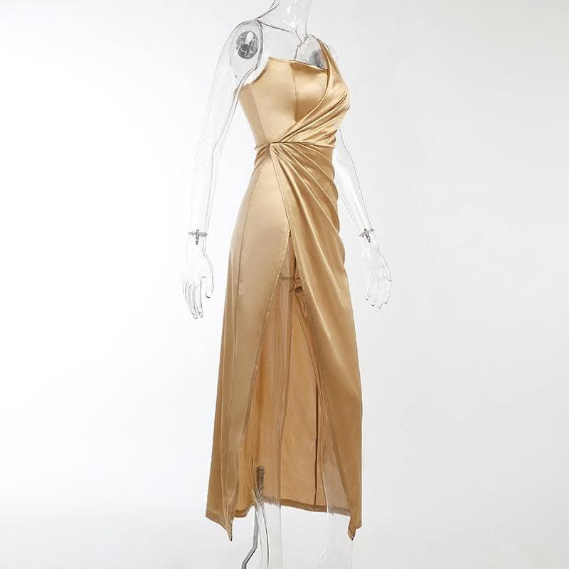 Sleeveless solid satin slit one shoulder ruched backless midi dress-final-sale  | Festival Outfits Women
