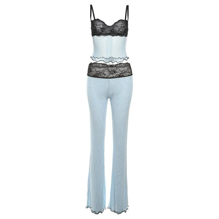 Lace mesh ruffle sweetheart neck cami pant set  | Festival Outfits Women
