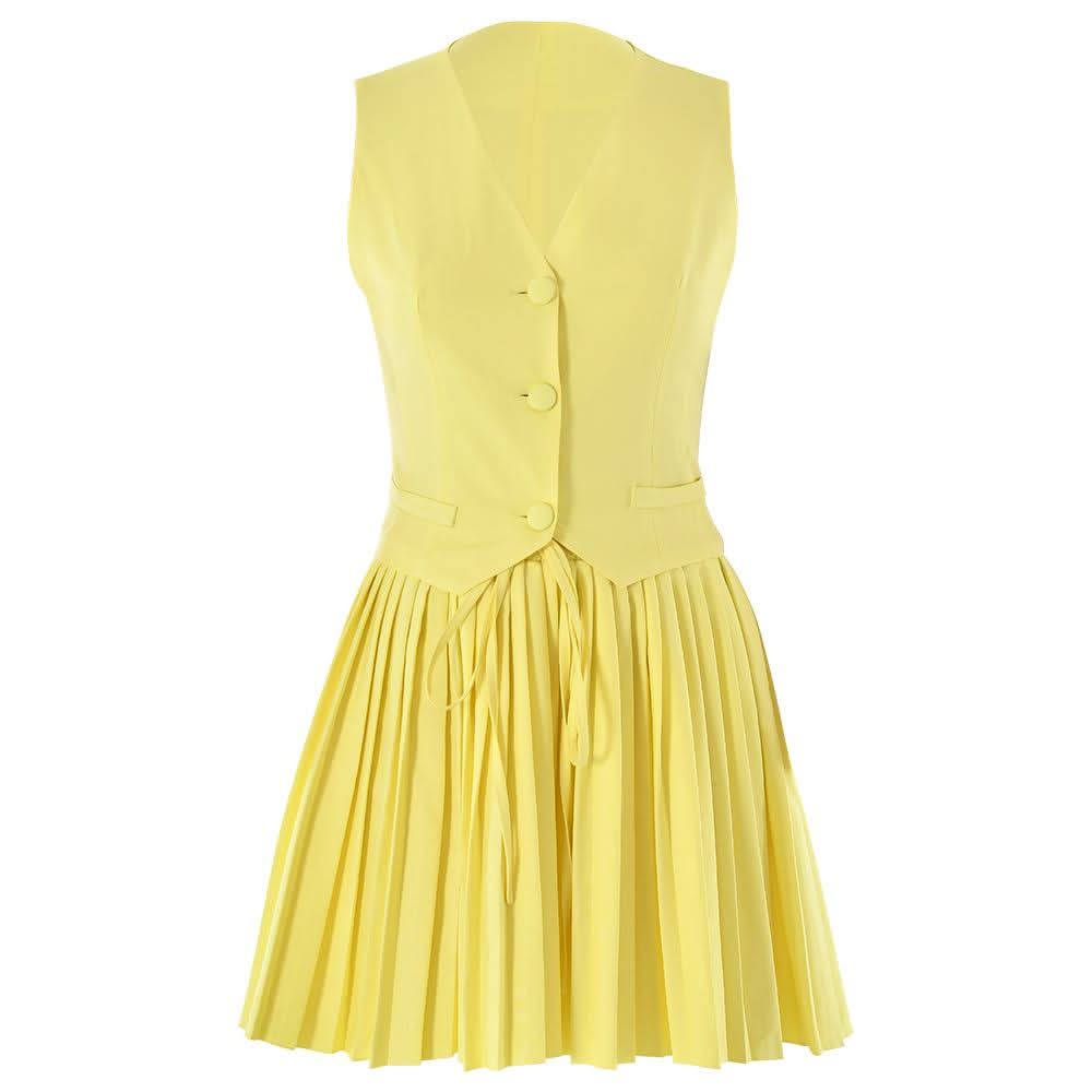 Pleated deep V neck button self tie solid mini skirt set  | Festival Outfits Women