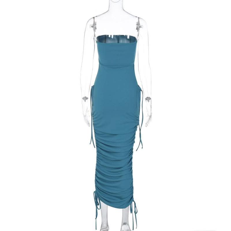 Ruched backless solid drawstring tube midi dress-final-sale  | Festival Outfits Women