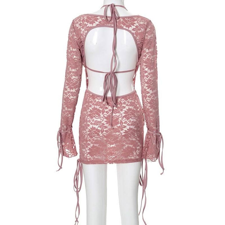 Long sleeve lace hollow out self tie 2 piece mini skirt set  | Festival Outfits Women