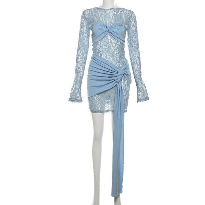 Long sleeve lace patchwork ruched mini dress  | Festival Outfits Women-final-sale