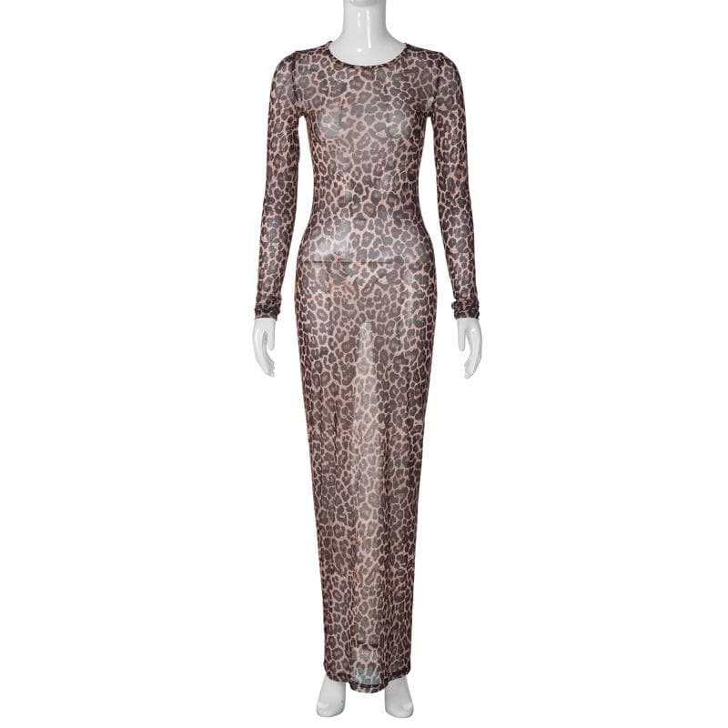 Long sleeve leopard print crewneck sheer mesh maxi dress  | Festival Outfits Women