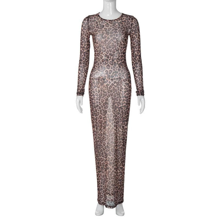 Long sleeve leopard print crewneck sheer mesh maxi dress  | Festival Outfits Women
