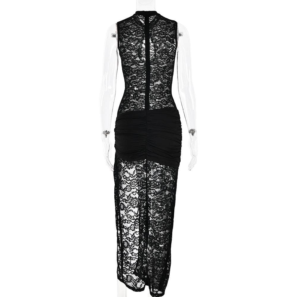 Lace ruched see through hollow out high slit cut out maxi dress  | Festival Outfits Women