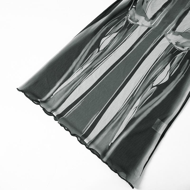 Sleeveless crewneck body print sheer mesh maxi dress  | Festival Outfits Women