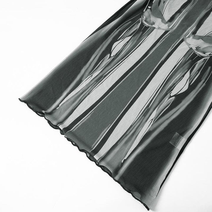 Sleeveless crewneck body print sheer mesh maxi dress  | Festival Outfits Women