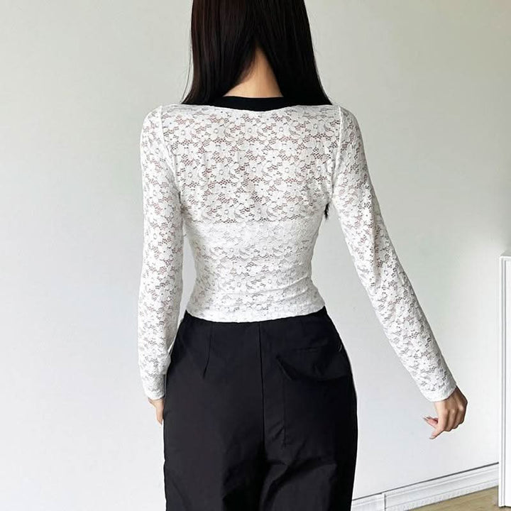 V neck long sleeve lace letter print see through top  | Festival Outfits Women