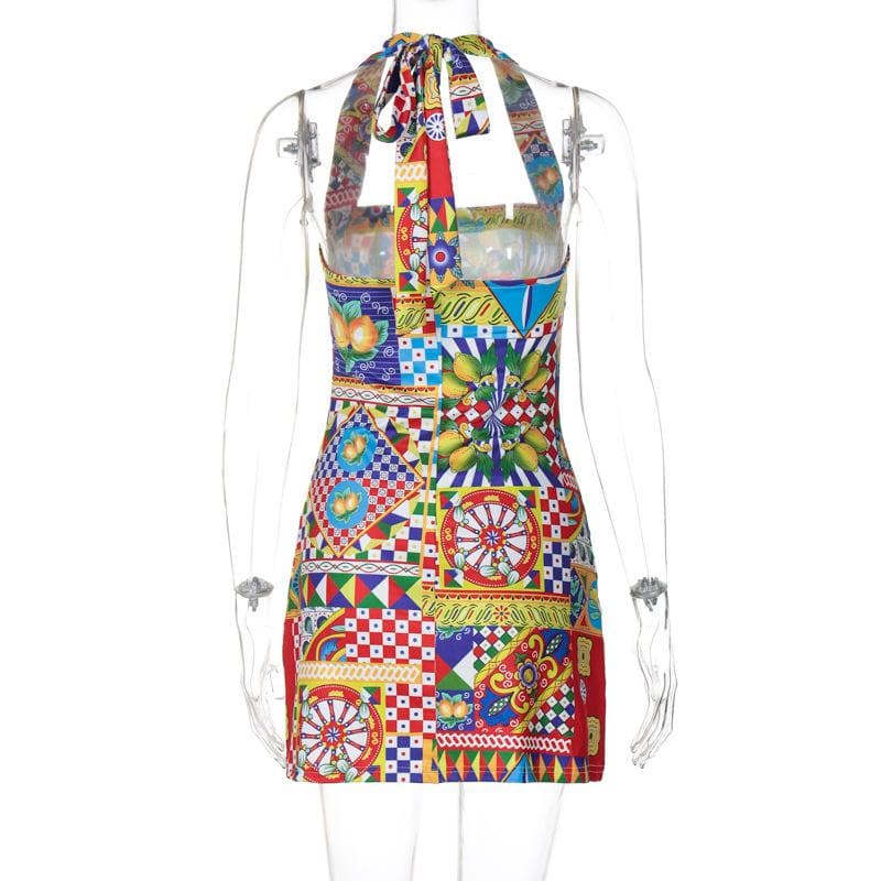 Halter print contrast knotted mini dress  | Festival Outfits Women