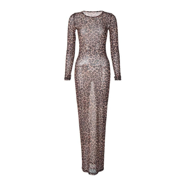 Long sleeve leopard print crewneck sheer mesh maxi dress  | Festival Outfits Women