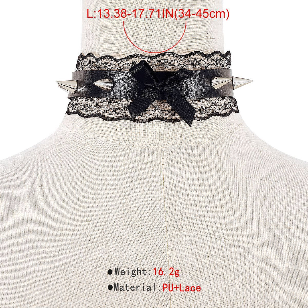 PU leather lace hem bowknot rivet decor chocker  | Festival Outfits Women