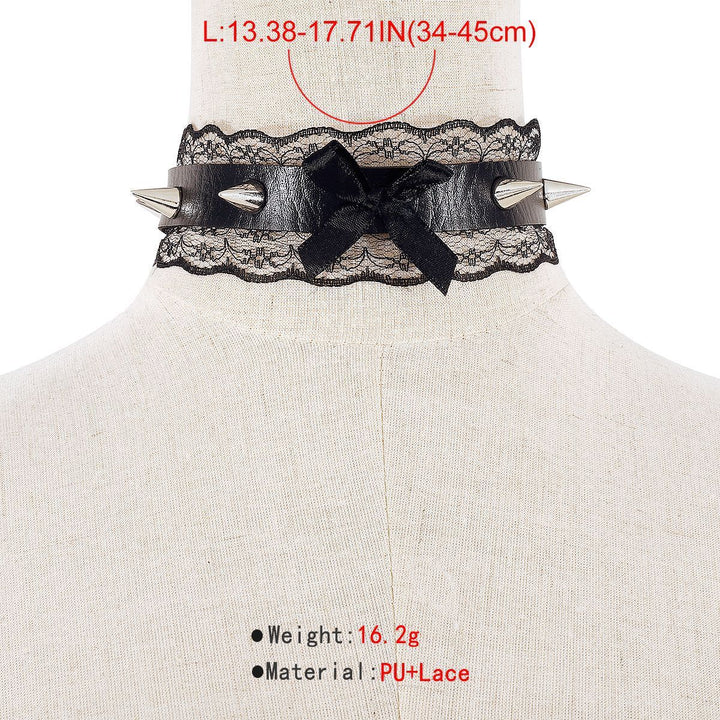 PU leather lace hem bowknot rivet decor chocker  | Festival Outfits Women