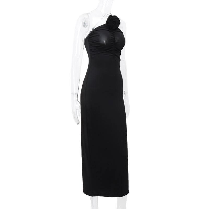 Flower applique one shoulder solid ruched maxi dress-final-sale  | Festival Outfits Women