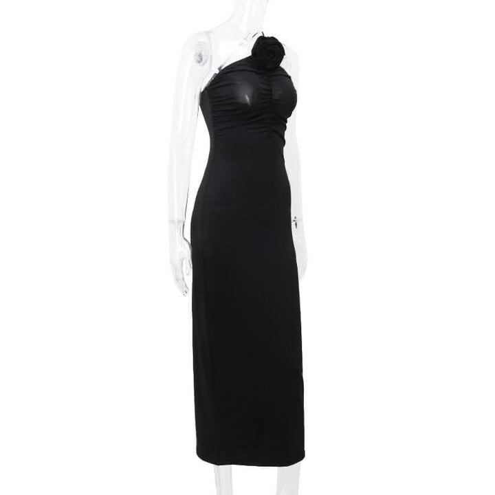 Flower applique one shoulder solid ruched maxi dress-final-sale  | Festival Outfits Women
