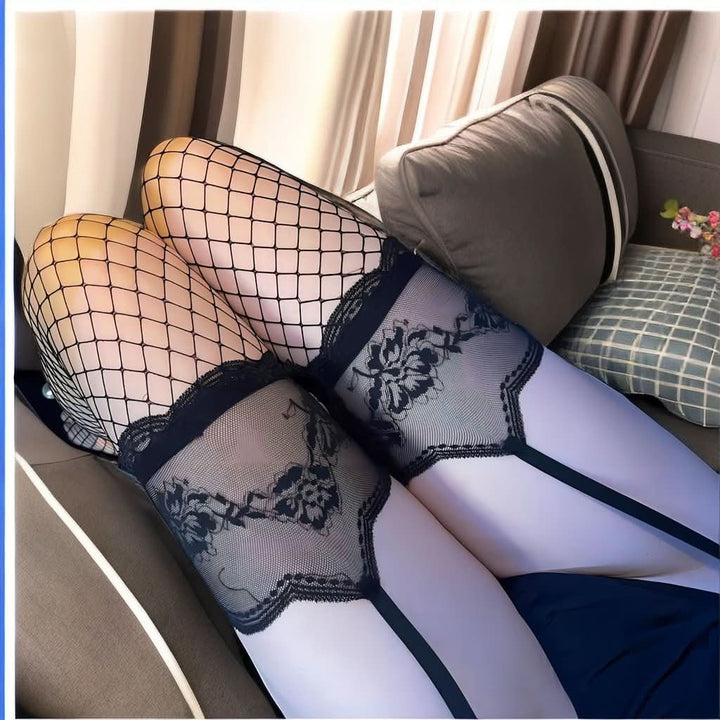 Lace hem flower print suspender fishnet tights  | Festival Outfits Women