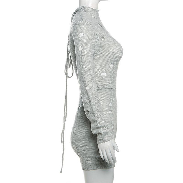 Hollow out long sleeve high neck self tie crochet solid romper-final-sale  | Festival Outfits Women