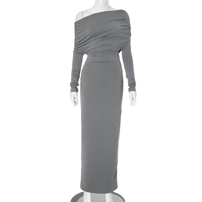 Long sleeve ruched one shoulder irregular maxi dress  | Festival Outfits Women