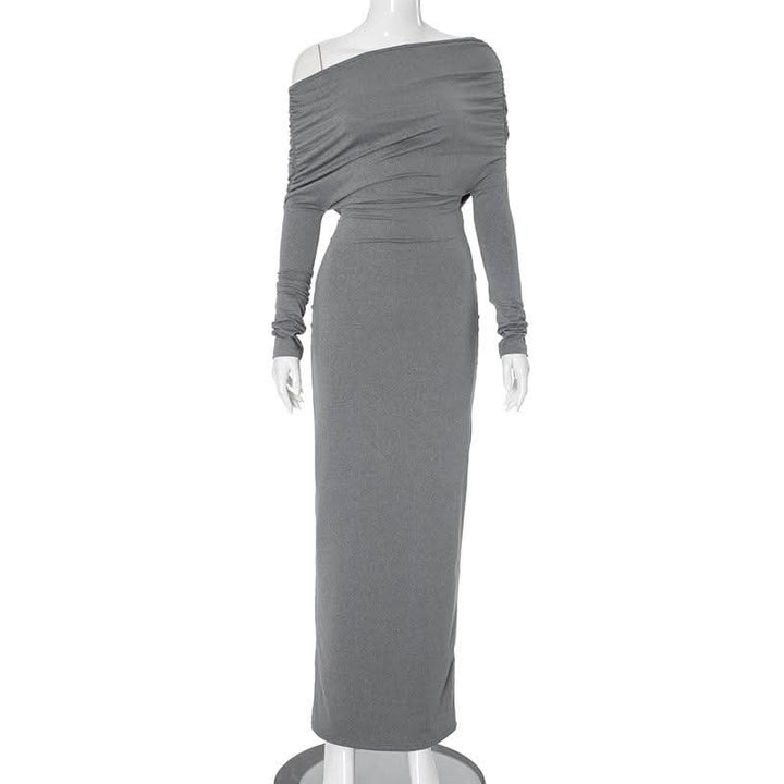 Long sleeve ruched one shoulder irregular maxi dress  | Festival Outfits Women