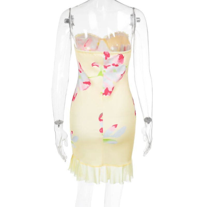 Mesh flower print sweetheart neck tube mini dress  | Festival Outfits Women