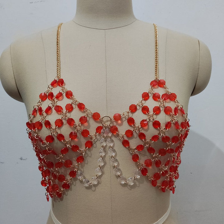 Beaded metal chain u neck backless layered cami top  | Festival Outfits Women