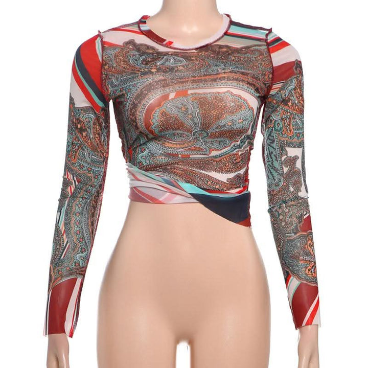 Long sleeve crewneck mesh abstract print top  | Festival Outfits Women
