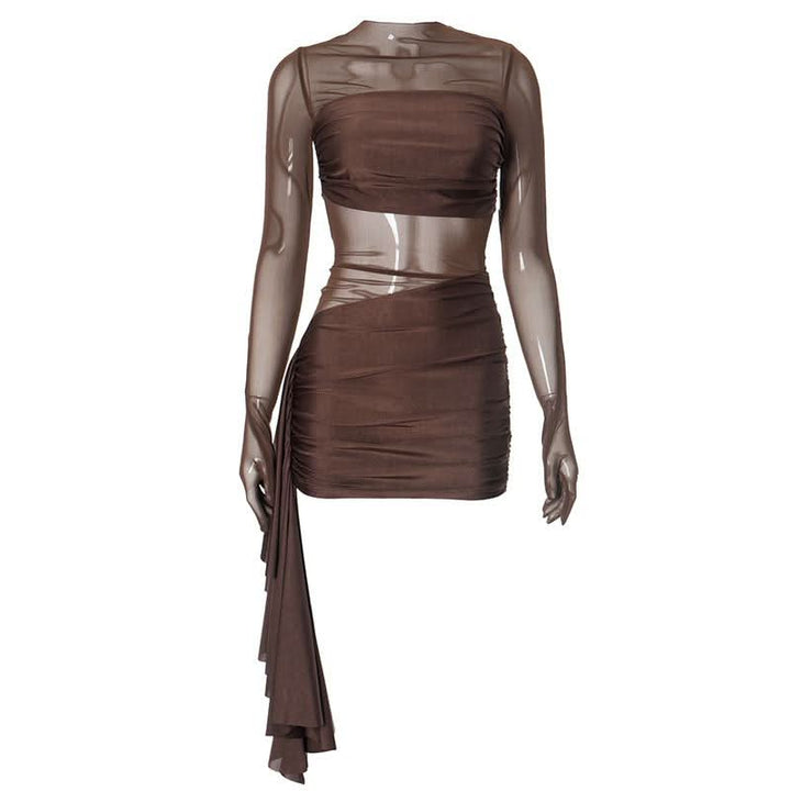 Long sleeve mesh patchwork ruched mini dress  | Festival Outfits Women