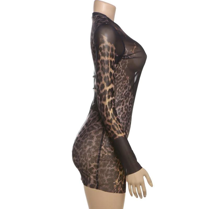 Crewneck long sleeve leopard print mesh mini dress  | Festival Outfits Women  | Leopard Print Mini Dress