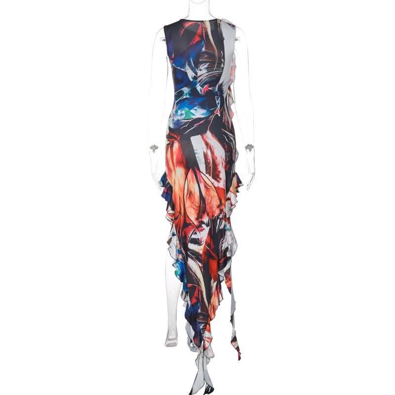 Ribbon sleeveless flower applique contrast print maxi dress-final-sale  | Festival Outfits Women