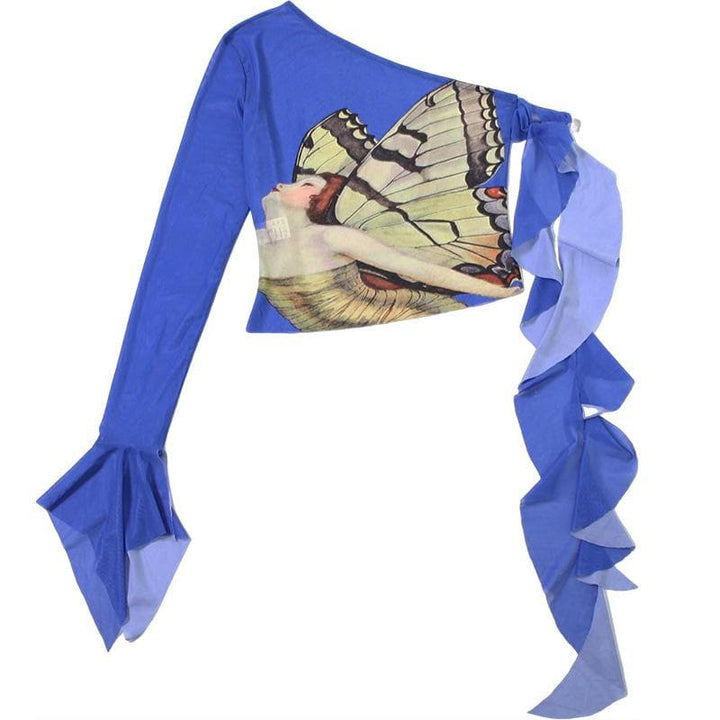 Off shoulder flared sleeve mesh print ruffle top  | Festival Outfits Women