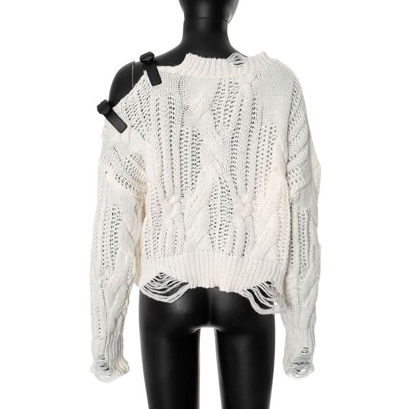 Long sleeve buckle knitted hollow out cut out top  | Festival Outfits Women-final-sale