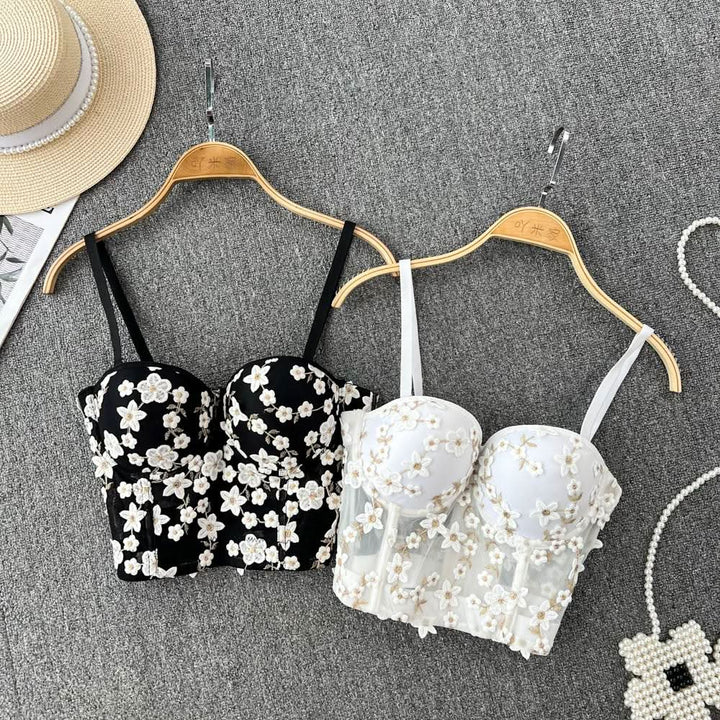 Embroidery padded bustier flower applique cami top  | Festival Outfits Women