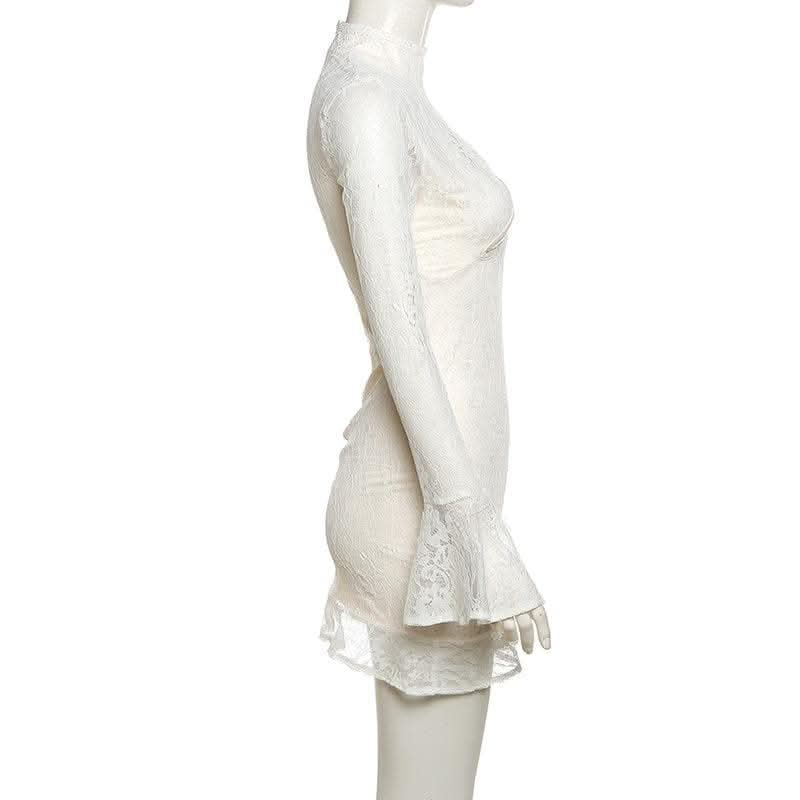 Lace solid long flared sleeve hollow out high neck ruffle mini dress-final-sale  | Festival Outfits Women