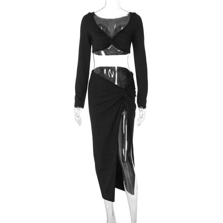 Long sleeve off shoulder high slit midi skirt set  | Festival Outfits Women