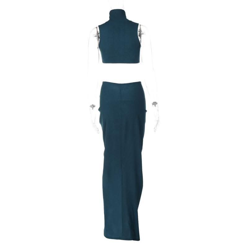 Slit textured sleeveless high neck ruched solid maxi skirt set-final-sale  | Festival Outfits Women
