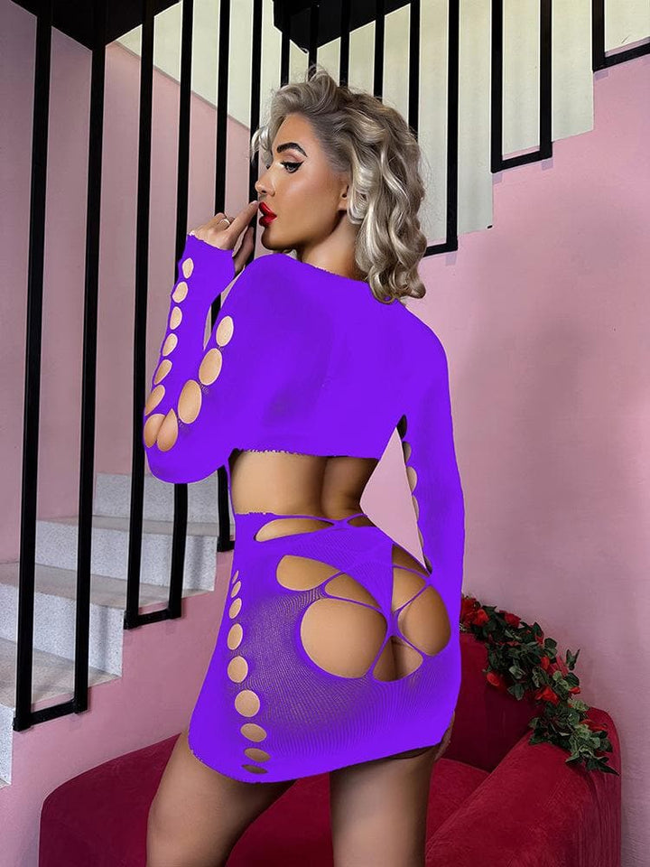 Long sleeve crewneck backless hollow out cut out mini dress  | Festival Outfits Women