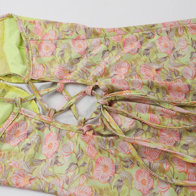 Sweetheart neck lace flower print knotted cami maxi dress  | Festival Outfits Women
