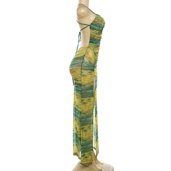 Sheer mesh contrast high slit ruched knotted cami maxi dress  | Festival Outfits Women