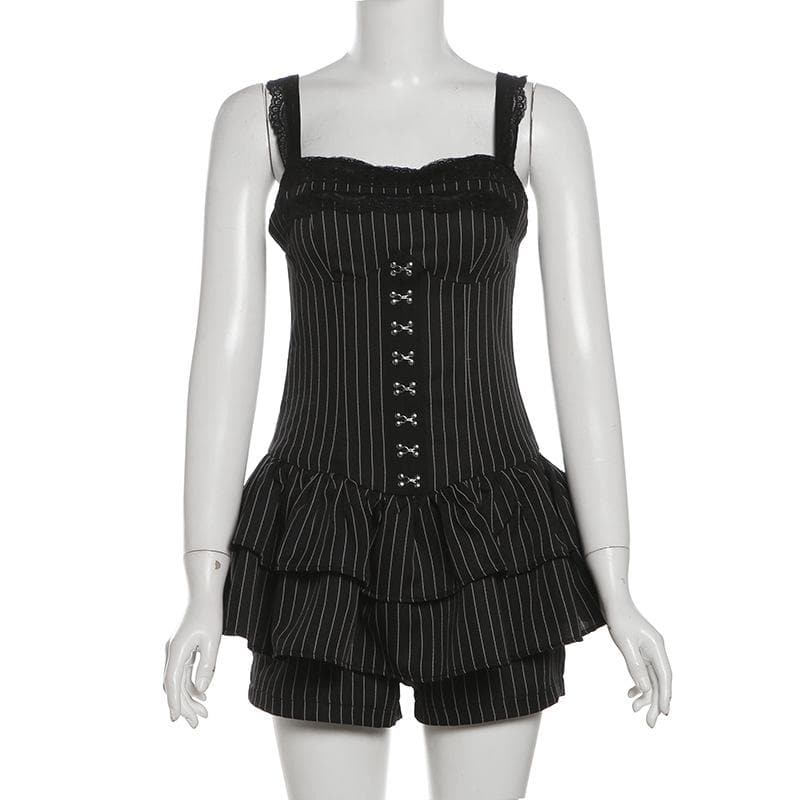 Lace hem striped button ruched cami romper-final-sale