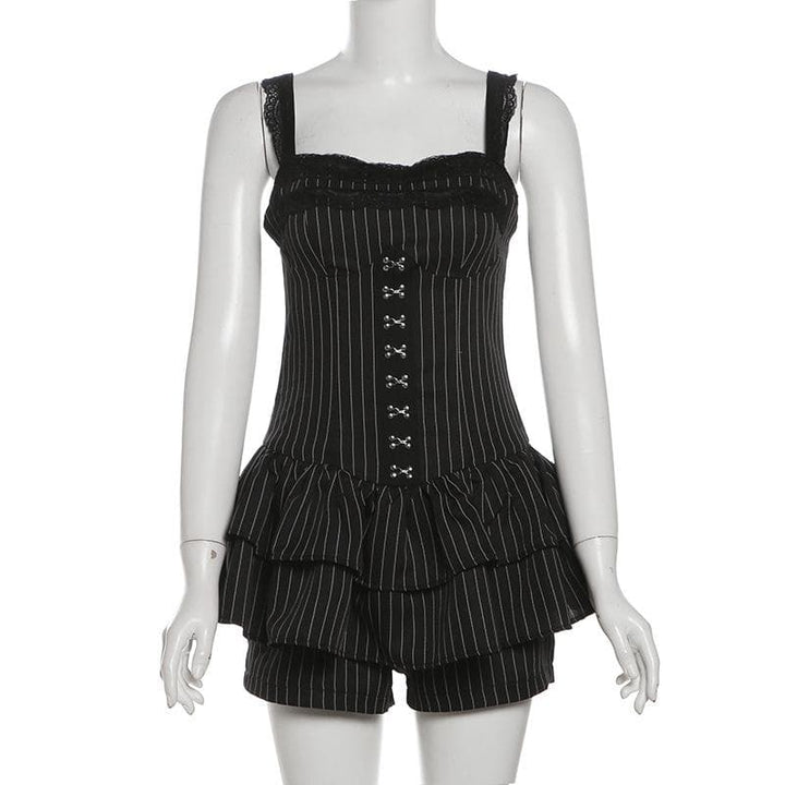 Lace hem striped button ruched cami romper-final-sale