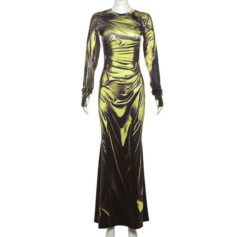 Long sleeve crewneck ruched print maxi dress-final-sale