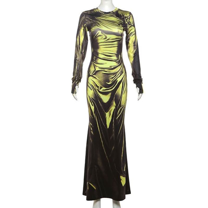 Long sleeve crewneck ruched print maxi dress-final-sale