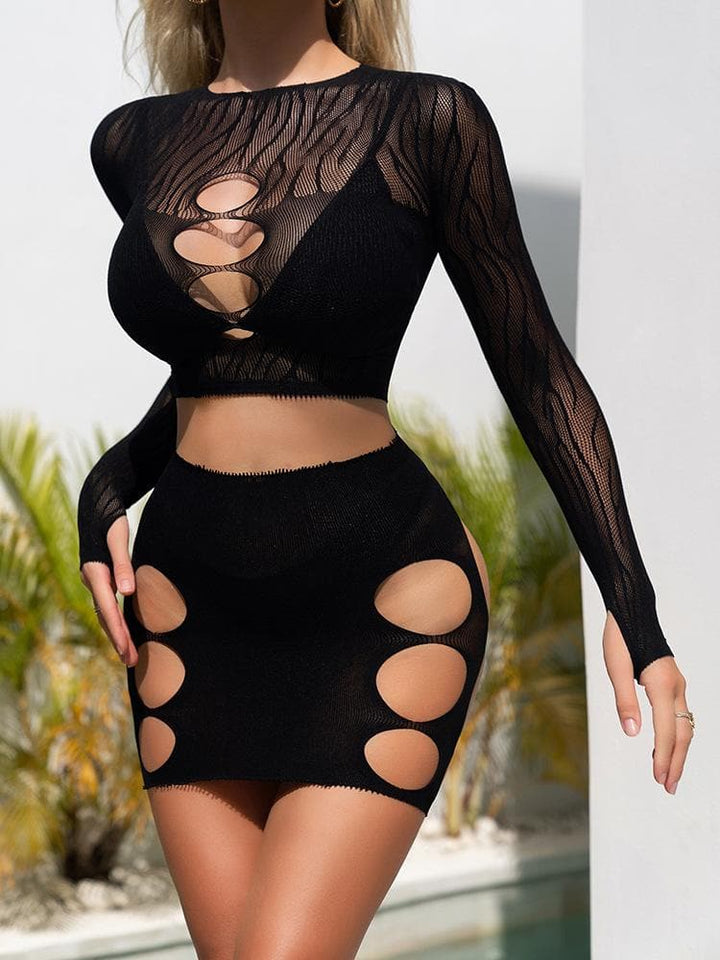 Long sleeve zebra sheer mesh mini skirt set  | Festival Outfits Women