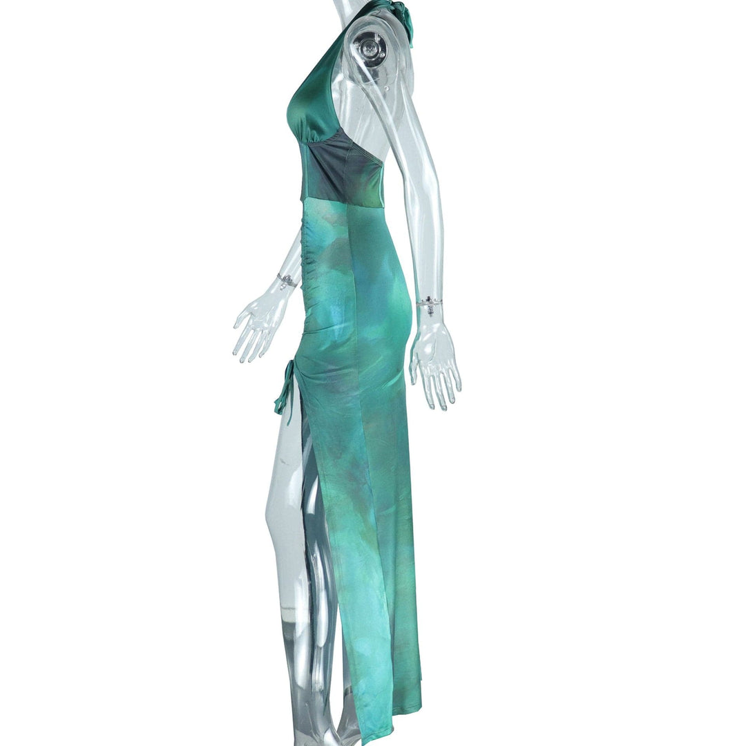 Halter corset deep v neck drawstring ruched slit maxi dress  | Festival Outfits Women