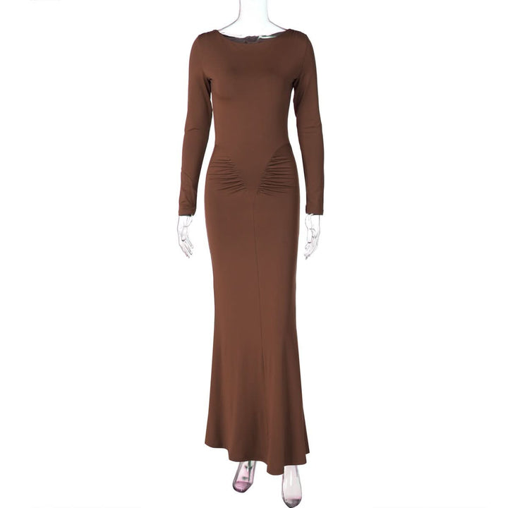 Long sleeve crewneck ruched solid maxi dress  | Festival Outfits Women